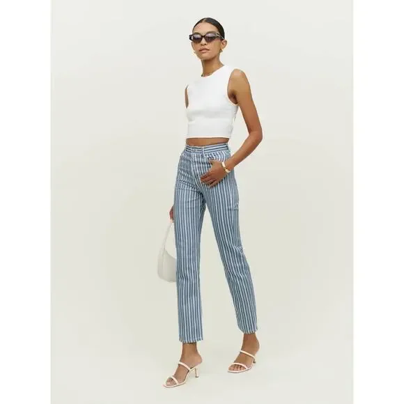 Reformation Jeans Blue Metro Stripe Cynthia Striped High Rise Straight Size 26 Straight Leg